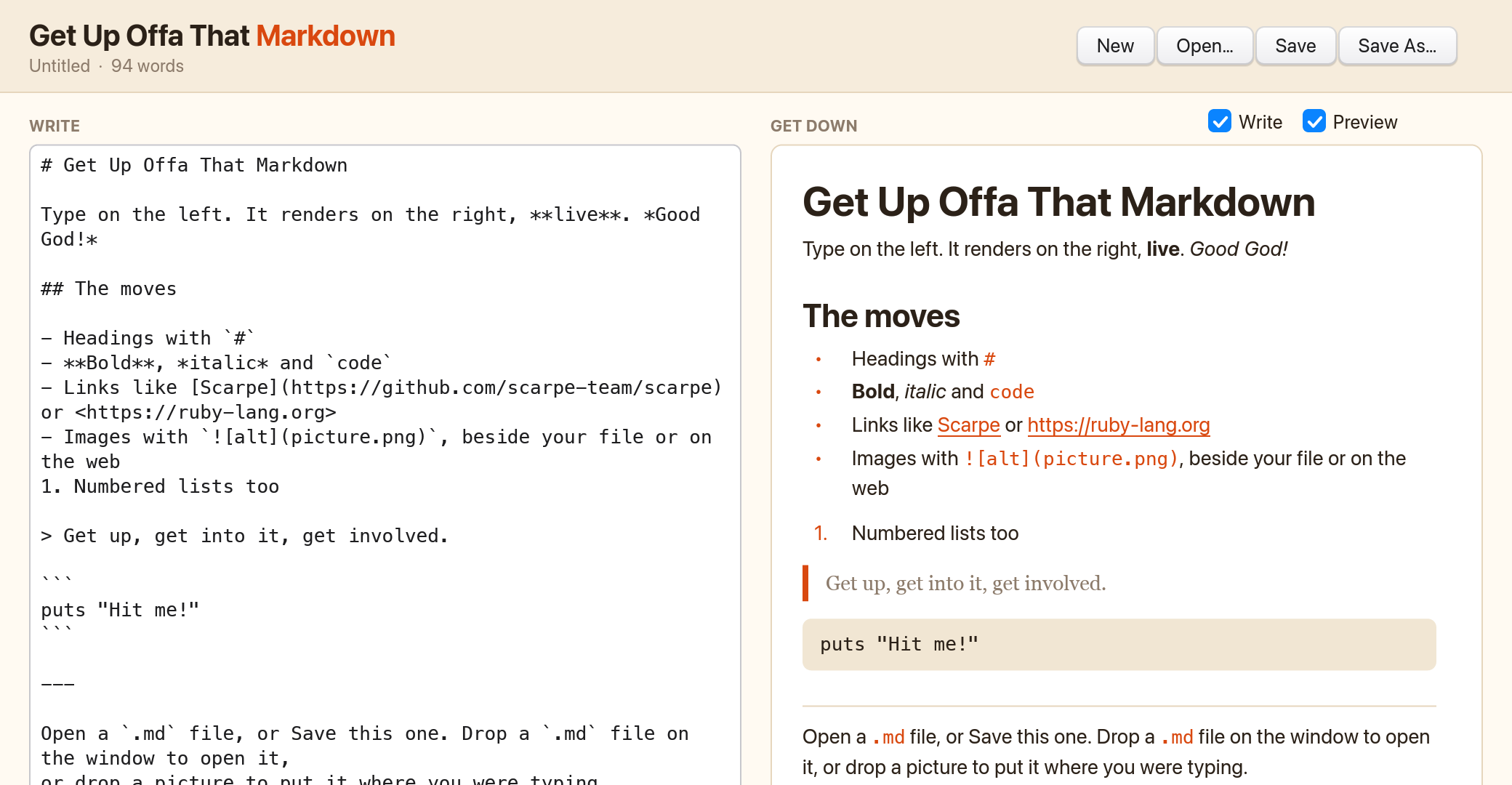 The editor: Markdown typed on the left, rendered with headings, lists, a quote and a code block on the right